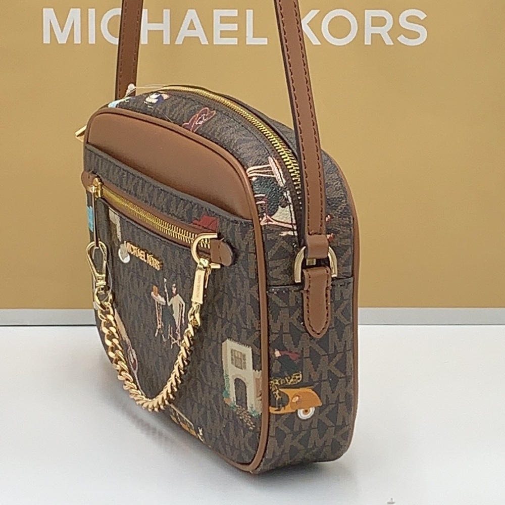 MICHAEL KORS JET SET GIRLS LARGE EAST WEST ZIP PACKED CHAIN XBODY BROWN MULTI - Picture 4 of 16